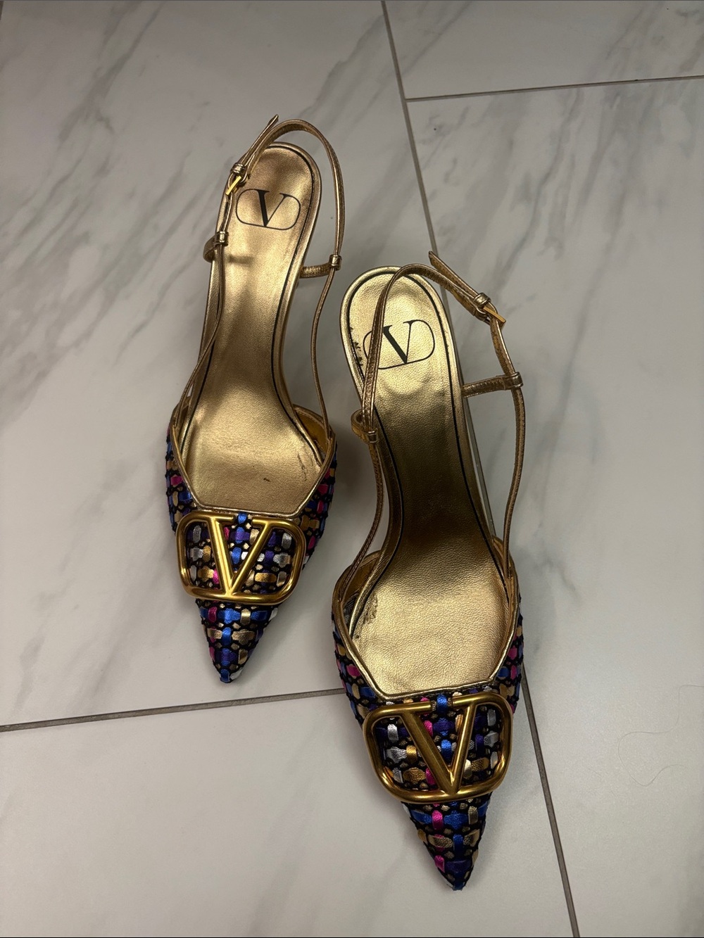 Valentino Garavani Gold Multicolor Beaded V-Slingback Pumps Size 38
